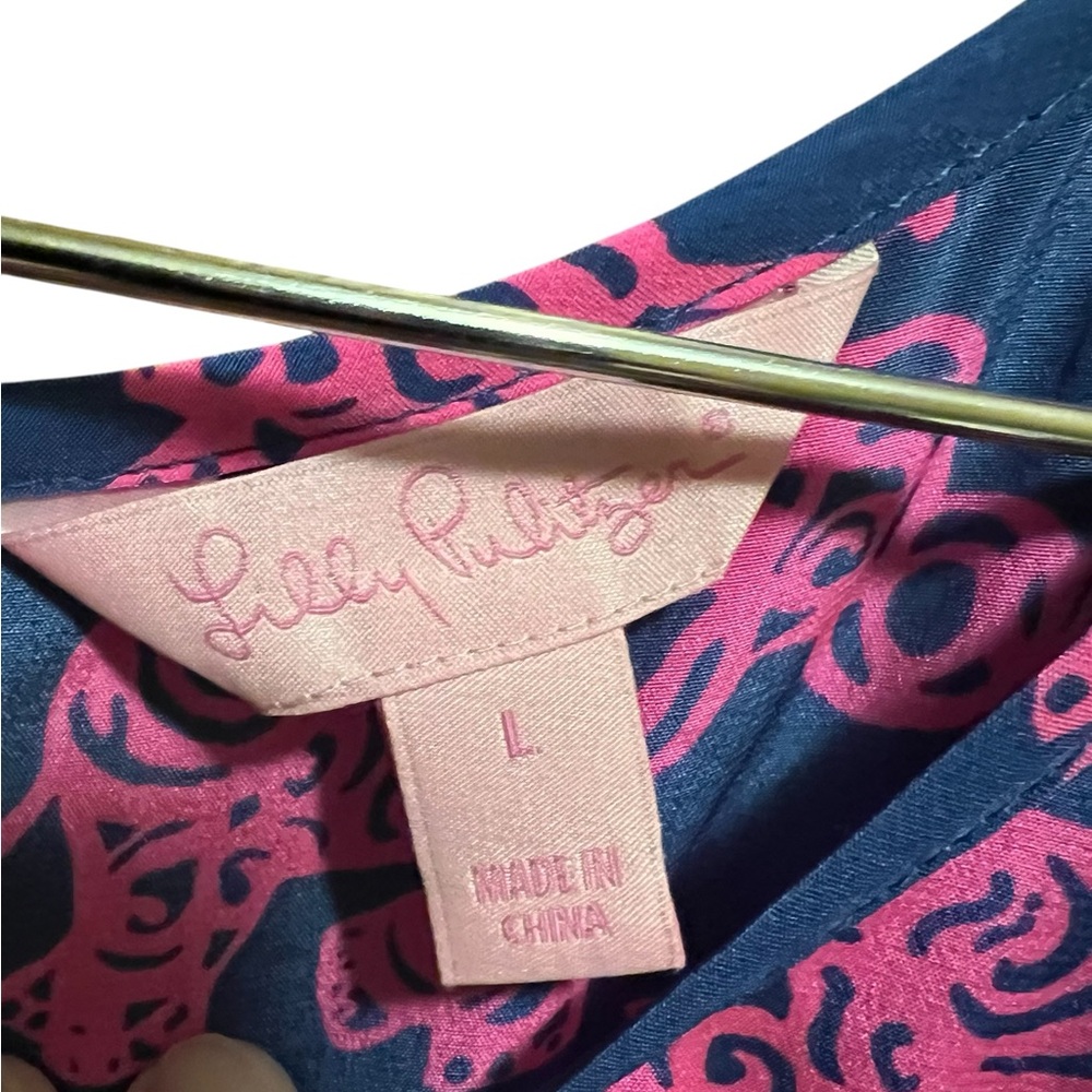 Lilly Pulitzer Aerial Tank Silk Indigo Blue Pack Your Trunk Elephant Print L - Picture 3 of 4